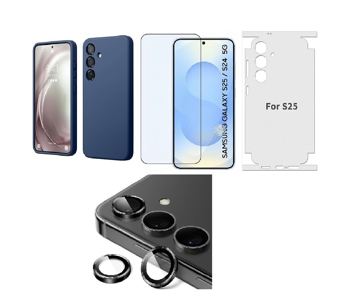 Silicone Soft Back Cover Case for Samsung Galaxy S25 5G (Blue)\ Camera Lens Protector\ Membrane Scratch Guard\ Tempered Glass (4 Combo) Silicone Soft Back Cover Case for Samsung Galaxy S25 5G (Blue)\ Camera Lens Protector\ Membrane Scratch Guard\ Tempered Glass (4 Combo)