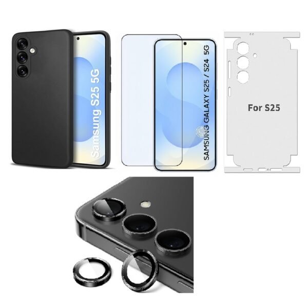 Silicone Soft Back Cover Case for Samsung Galaxy S25 5G (Black)\ Camera Lens Protector\ Membrane Scratch Guard\ Tempered Glass (4 Combo)