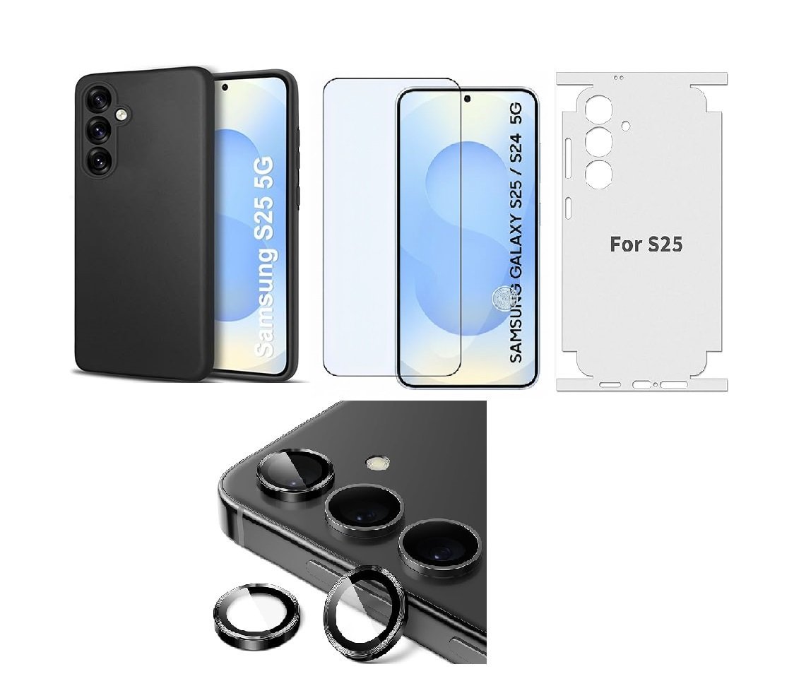 Silicone Soft Back Cover Case for Samsung Galaxy S25 5G (Black)\ Camera Lens Protector\ Membrane Scratch Guard\ Tempered Glass (4 Combo) Silicone Soft Back Cover Case for Samsung Galaxy S25 5G (Black)\ Camera Lens Protector\ Membrane Scratch Guard\ Tempered Glass (4 Combo)