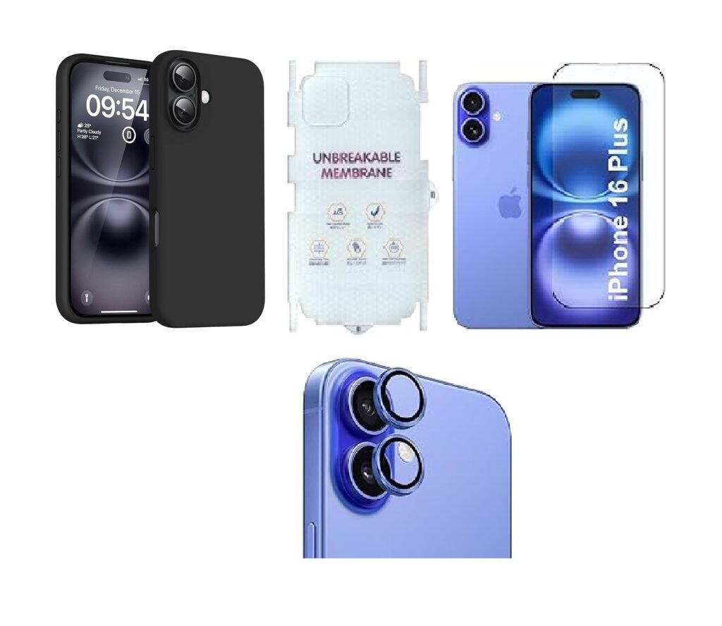 4 in 1 Premium Combo Pack for iPhone 16 Plus – Black (Back Case + Camera Lens Protector + Tempered Glass + Unbreakable Membrane)