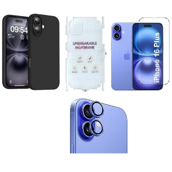 4 in 1 Premium Combo Pack for iPhone 16 Plus – Black (Back Case + Camera Lens Protector + Tempered Glass + Unbreakable Membrane)
