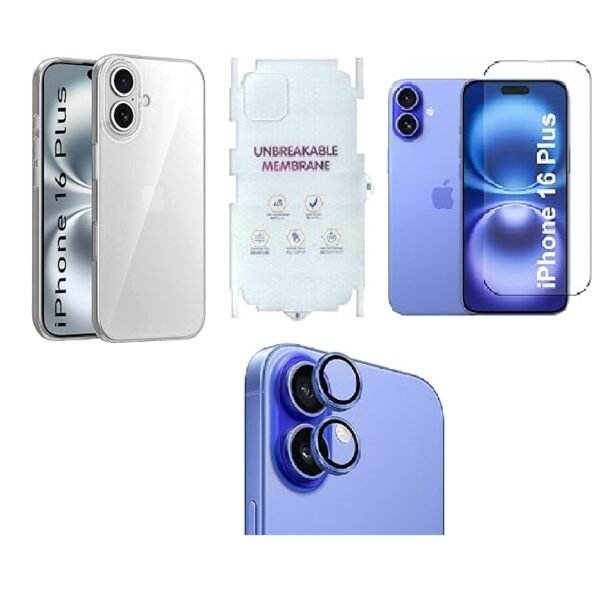 4 in 1 Premium Combo Pack for iPhone 16 Plus – Transparent (Back Case + Camera Lens Protector + Tempered Glass + Unbreakable Membrane)