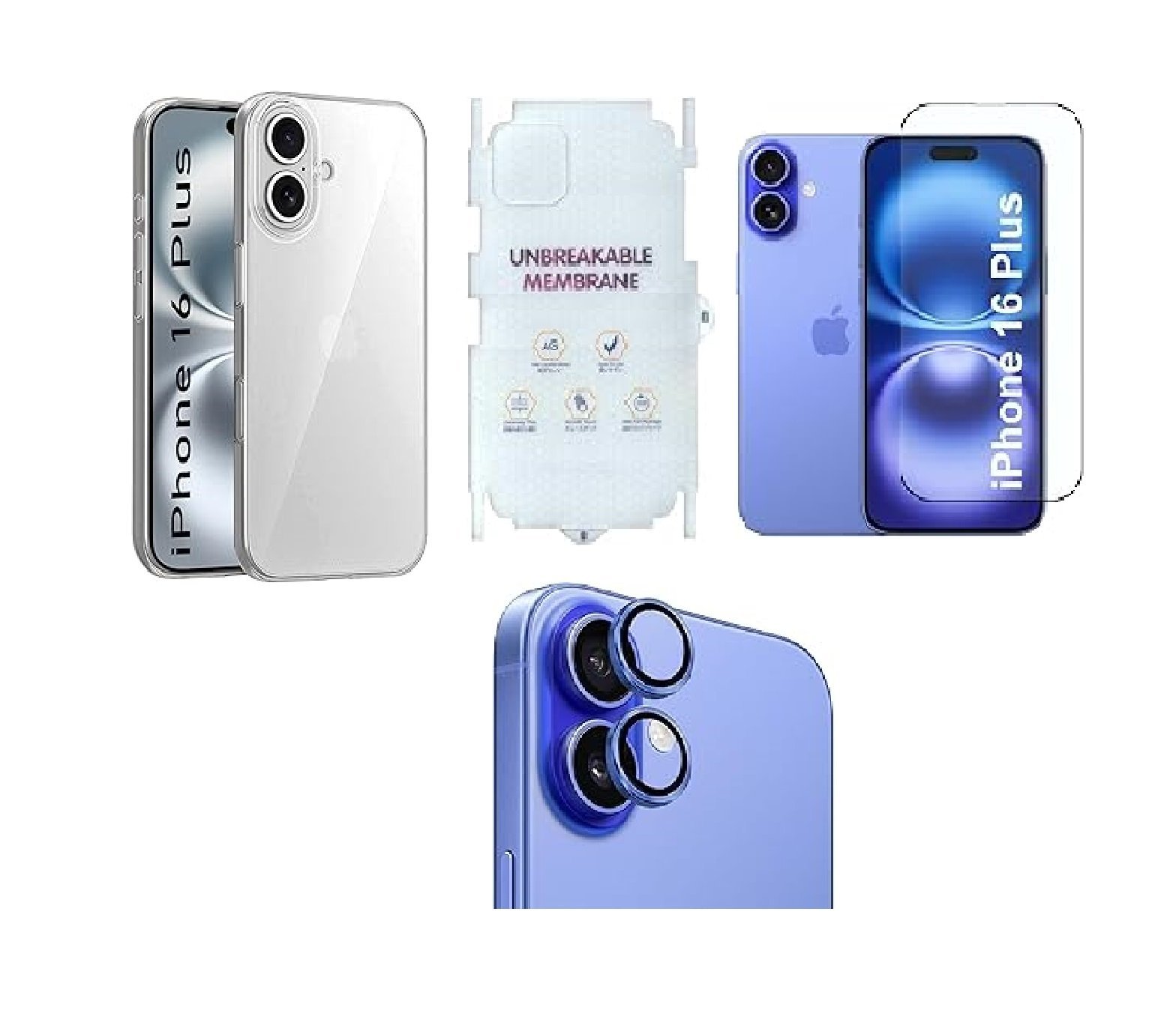 4 in 1 Premium Combo Pack for iPhone 16 Plus – Transparent (Back Case + Camera Lens Protector + Tempered Glass + Unbreakable Membrane) 4 in 1 Premium Combo Pack for iPhone 16 Plus – Transparent (Back Case + Camera Lens Protector + Tempered Glass + Unbreakable Membrane)