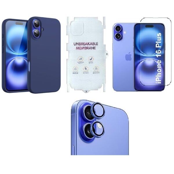 4 in 1 Premium Combo Pack for iPhone 16 Plus – Blue (Back Case + Camera Lens Protector + Tempered Glass + Unbreakable Membrane)