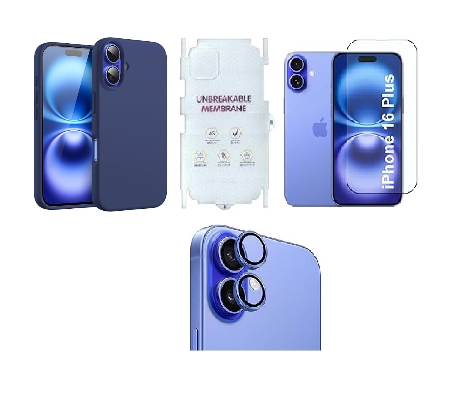 4 in 1 Premium Combo Pack for iPhone 16 Plus – Blue (Back Case + Camera Lens Protector + Tempered Glass + Unbreakable Membrane) 4 in 1 Premium Combo Pack for iPhone 16 Plus – Blue (Back Case + Camera Lens Protector + Tempered Glass + Unbreakable Membrane)