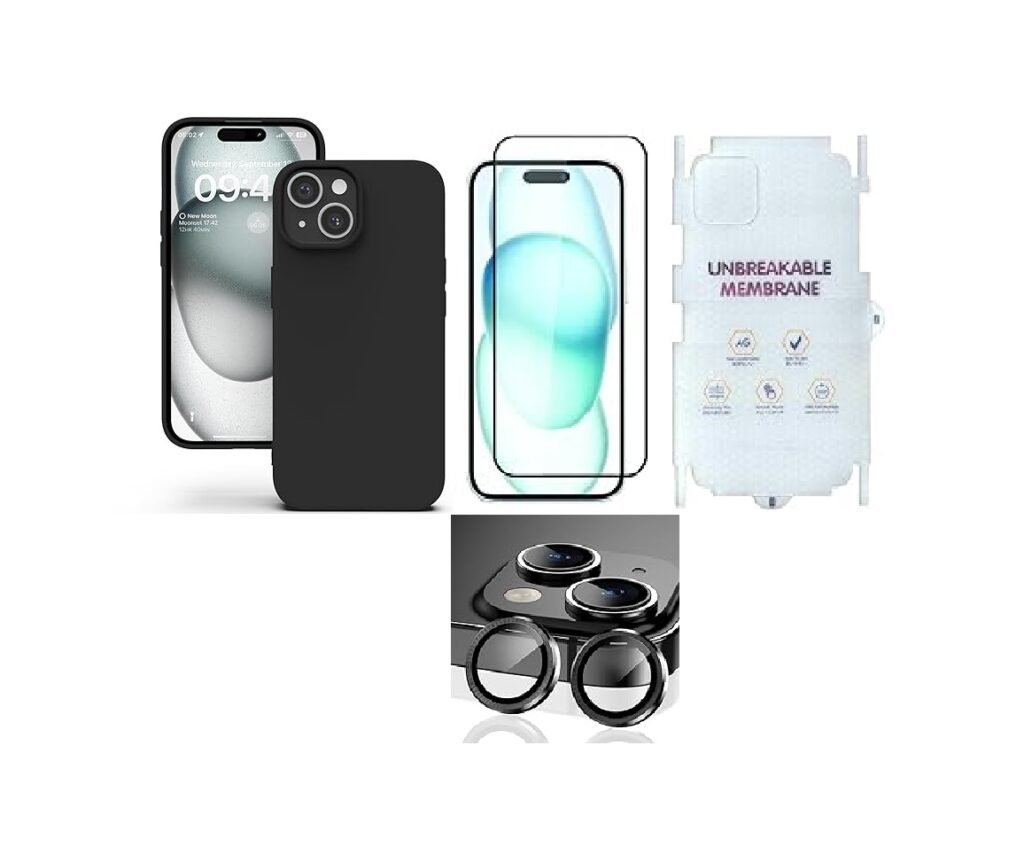 4 in 1 Combo Pack for iPhone 15 – Black (Back Case + Camera Lens Protector + Tempered Glass + Unbreakable Membrane)