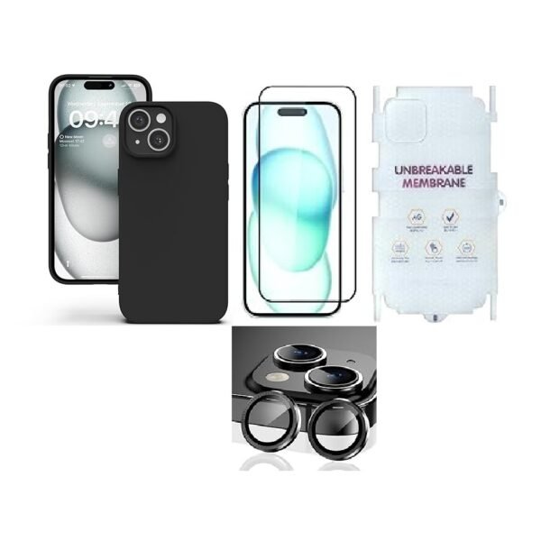 4 in 1 Combo Pack for iPhone 15 – Black (Back Case + Camera Lens Protector + Tempered Glass + Unbreakable Membrane)
