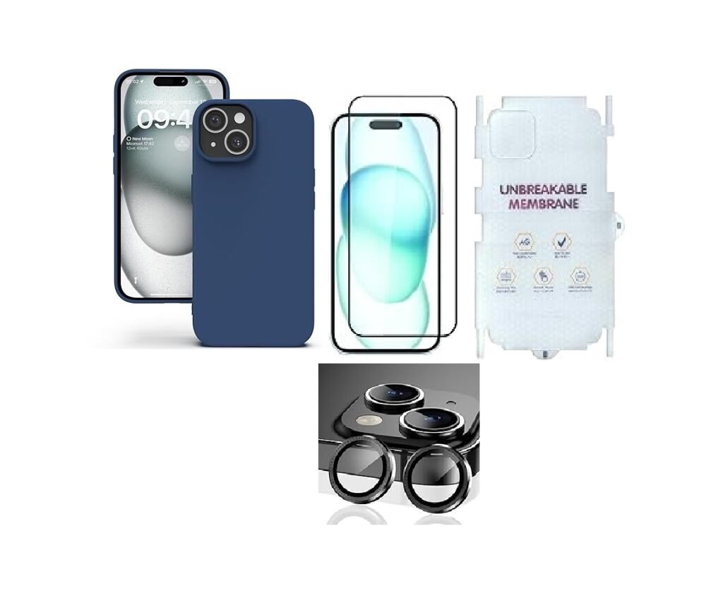 4 in 1 Combo Pack for iPhone 15 – Blue (Back Case + Camera Lens Protector + Tempered Glass + Unbreakable Membrane)