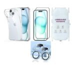 4 in 1 Combo Pack for iPhone 15 – Transparent (Back Case + Camera Lens Protector + Tempered Glass + Unbreakable Membrane) 4 in 1 Combo Pack for iPhone 15 – Transparent (Back Case + Camera Lens Protector + Tempered Glass + Unbreakable Membrane)