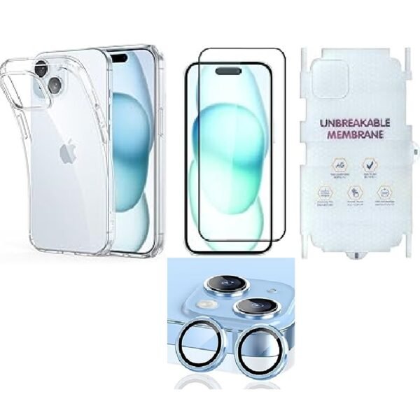 4 in 1 Combo Pack for iPhone 15 – Transparent (Back Case + Camera Lens Protector + Tempered Glass + Unbreakable Membrane)