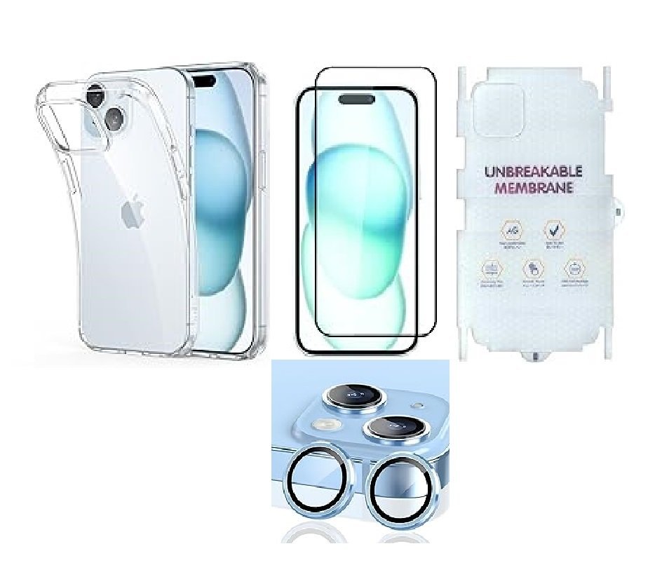 4 in 1 Combo Pack for iPhone 15 – Transparent (Back Case + Camera Lens Protector + Tempered Glass + Unbreakable Membrane) 4 in 1 Combo Pack for iPhone 15 – Transparent (Back Case + Camera Lens Protector + Tempered Glass + Unbreakable Membrane)