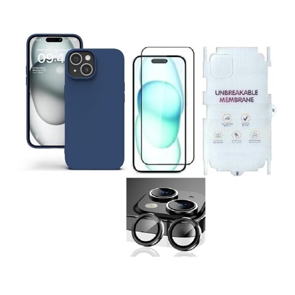 4 in 1 Combo Pack for iPhone 15 – Blue (Back Case + Camera Lens Protector + Tempered Glass + Unbreakable Membrane)