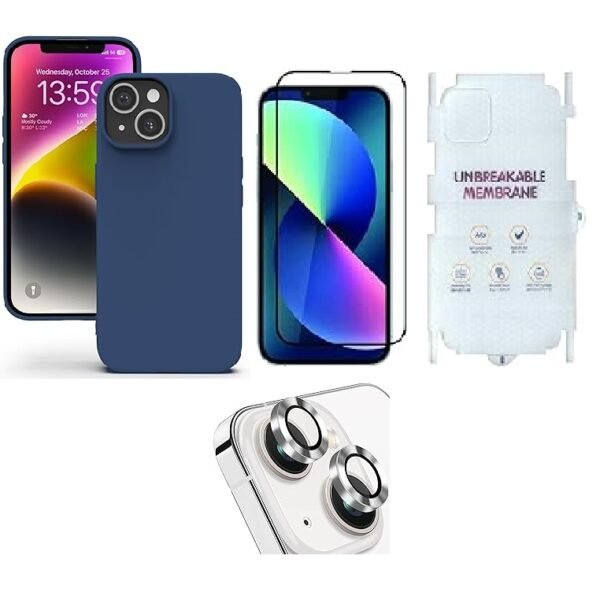 “4 in 1 Combo Pack for iPhone 14 – blue silicone case (Back Case + Camera Lens Protector + Tempered Glass + Unbreakable Membrane)