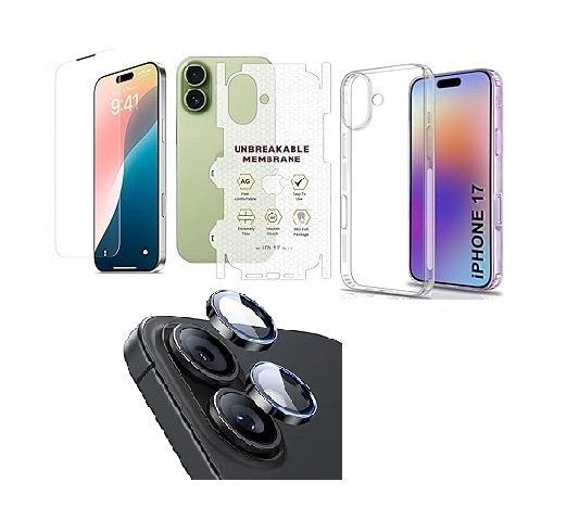 4 in 1 Combo Pack for iPhone 17 – Transparent (Back Cover + Camera Lens Protector + Tempered Glass + Unbreakable Membrane)