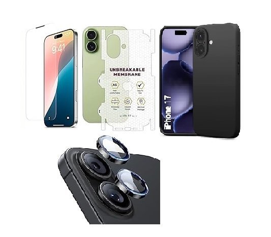 4 in 1 Premium Combo Pack for iPhone 17 – Black (Back Case + Camera Lens Protector + Tempered Glass + Unbreakable Membrane)