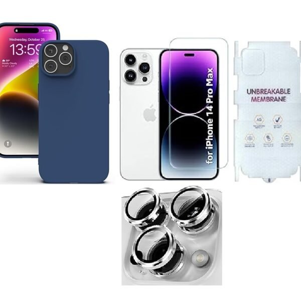 “4 in 1 Combo Pack for iPhone 14 Pro Max – Blue (Back Case + Camera Lens Protector + Tempered Glass + Unbreakable Membrane)