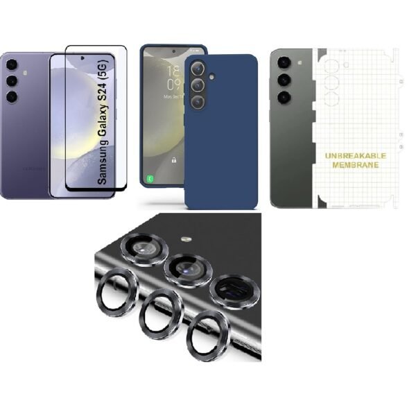 Silicone Soft Back Cover Case for Samsung Galaxy S24 5G (Blue)\ Camera Lens Protector\ Membrane Scratch Guard\ Tempered Glass (4 Combo)