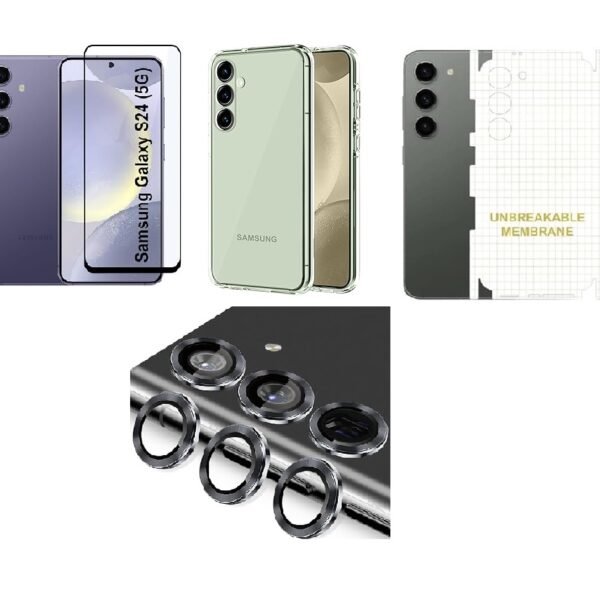 Silicone Soft Back Cover Case for Samsung Galaxy S24 5G (Transparent)\ Camera Lens Protector\ Membrane Scratch Guard\ Tempered Glass (4 Combo)