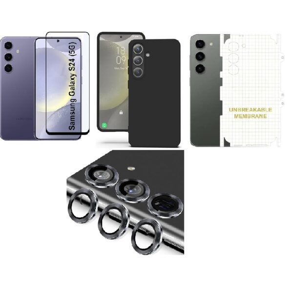 Silicone Soft Back Cover Case for Samsung Galaxy S24 5G (Black)\ Camera Lens Protector\ Membrane Scratch Guard\ Tempered Glass (4 Combo)