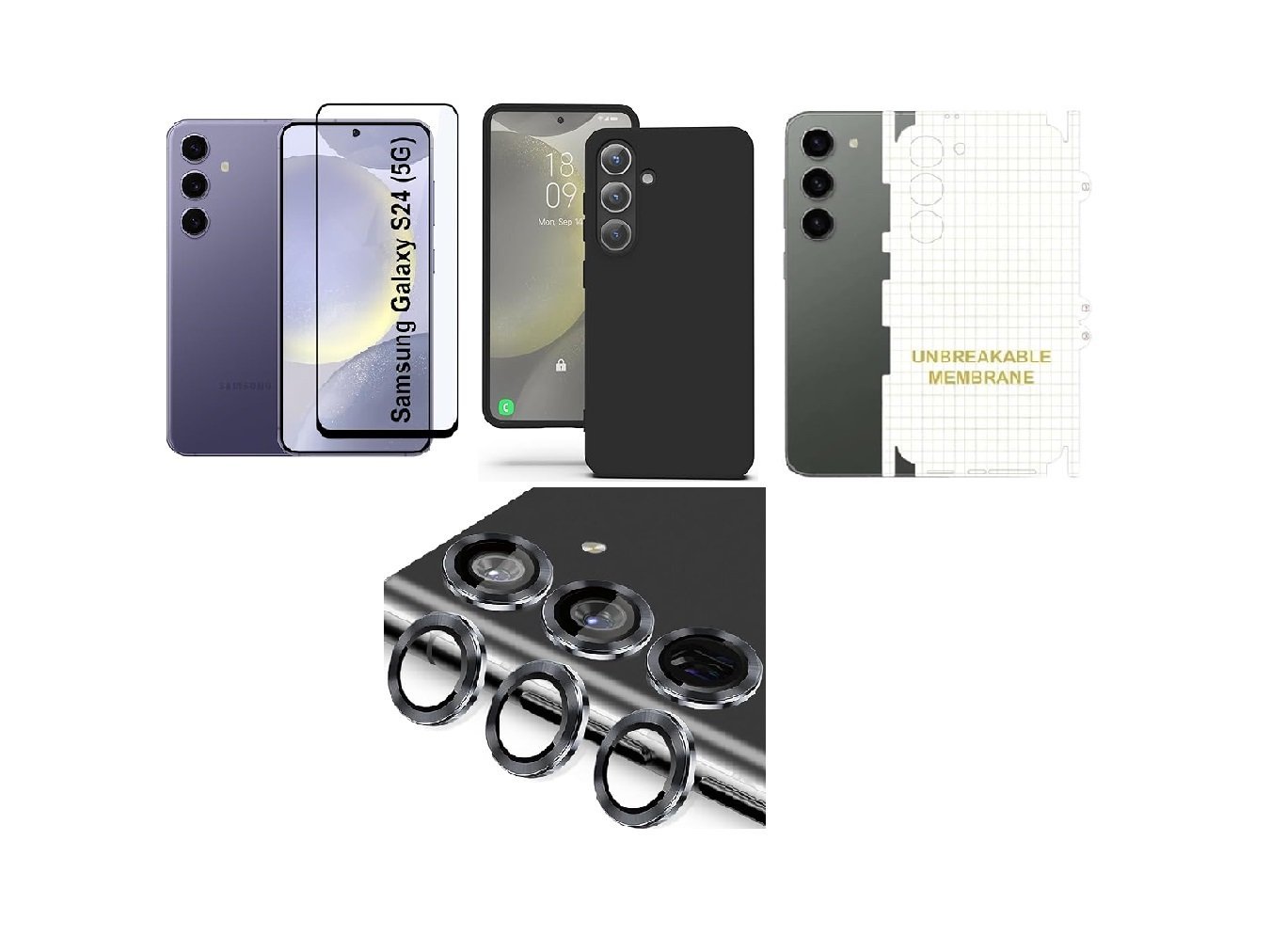 Silicone Soft Back Cover Case for Samsung Galaxy S24 5G (Black)\ Camera Lens Protector\ Membrane Scratch Guard\ Tempered Glass (4 Combo) Silicone Soft Back Cover Case for Samsung Galaxy S24 5G (Black)\ Camera Lens Protector\ Membrane Scratch Guard\ Tempered Glass (4 Combo)