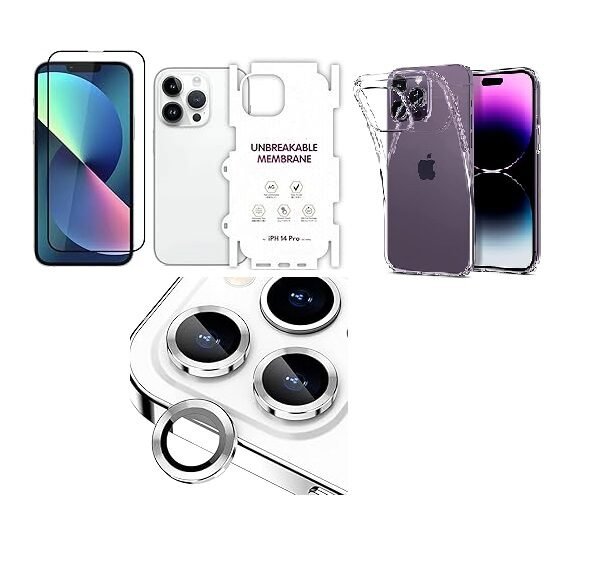 “4 in 1 Combo Pack for iPhone 14 pro – Silver (Back Case + Camera Lens Protector + Tempered Glass + Unbreakable Membrane)