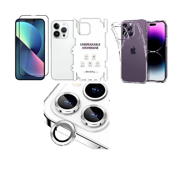 “4 in 1 Combo Pack for iPhone 14 pro – Silver (Back Case + Camera Lens Protector + Tempered Glass + Unbreakable Membrane) “4 in 1 Combo Pack for iPhone 14 pro – Silver (Back Case + Camera Lens Protector + Tempered Glass + Unbreakable Membrane)