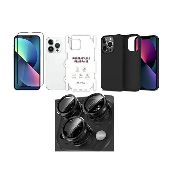 “4 in 1 Combo Pack for iPhone 14 pro – Space Black (Back Case + Camera Lens Protector + Tempered Glass + Unbreakable Membrane)