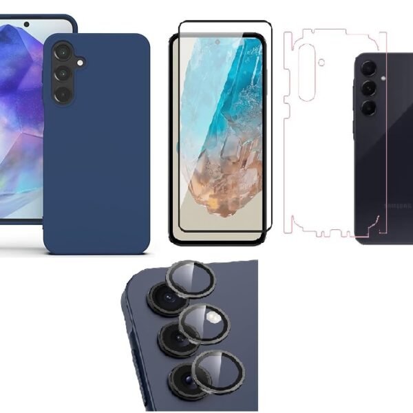 Silicone Soft Back Cover Case for Samsung Galaxy A55 5G (Black)\ Camera Lens Protector\ Membrane Scratch Guard\ Tempered Glass (4 Combo)