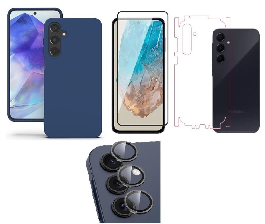 Silicone Soft Back Cover Case for Samsung Galaxy A55 5G (Black)\ Camera Lens Protector\ Membrane Scratch Guard\ Tempered Glass (4 Combo) Silicone Soft Back Cover Case for Samsung Galaxy A55 5G (Black)\ Camera Lens Protector\ Membrane Scratch Guard\ Tempered Glass (4 Combo)