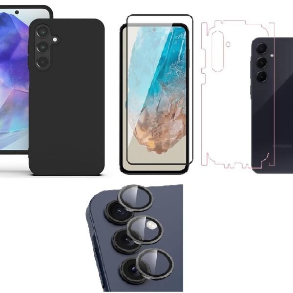 Silicone Soft Back Cover Case for Samsung Galaxy A55 5G (Black)\ Camera Lens Protector\ Membrane Scratch Guard\ Tempered Glass (4 Combo)