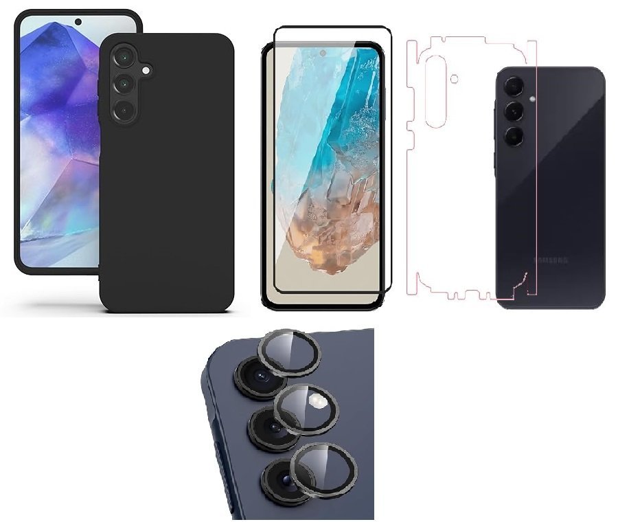 Silicone Soft Back Cover Case for Samsung Galaxy A55 5G (Black)\ Camera Lens Protector\ Membrane Scratch Guard\ Tempered Glass (4 Combo) Silicone Soft Back Cover Case for Samsung Galaxy A55 5G (Black)\ Camera Lens Protector\ Membrane Scratch Guard\ Tempered Glass (4 Combo)