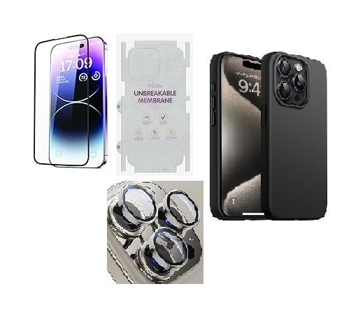4 in 1 Premium Combo Pack for iPhone 15 Pro Max – Black (Back Case + Camera Lens Protector + Tempered Glass + Unbreakable Membrane)
