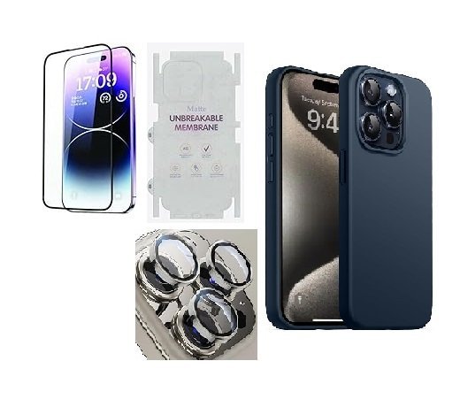 4 in 1 Premium Combo Pack for iPhone 15 Pro Max – Blue (Back Case + Camera Lens Protector + Tempered Glass + Unbreakable Membrane)