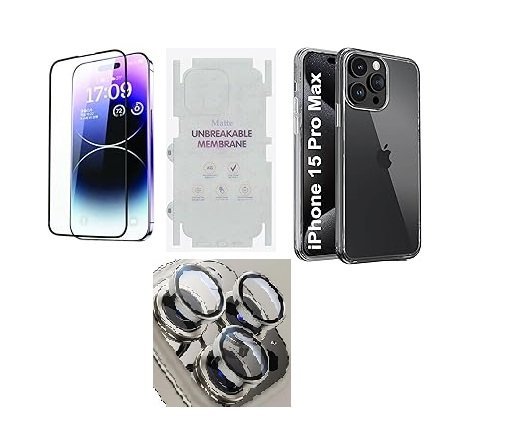 4 in 1 Premium Combo Pack for iPhone 15 Pro Max - Transparent (Back Case + Camera Lens Protector + Tempered Glass + Unbreakable Membrane)