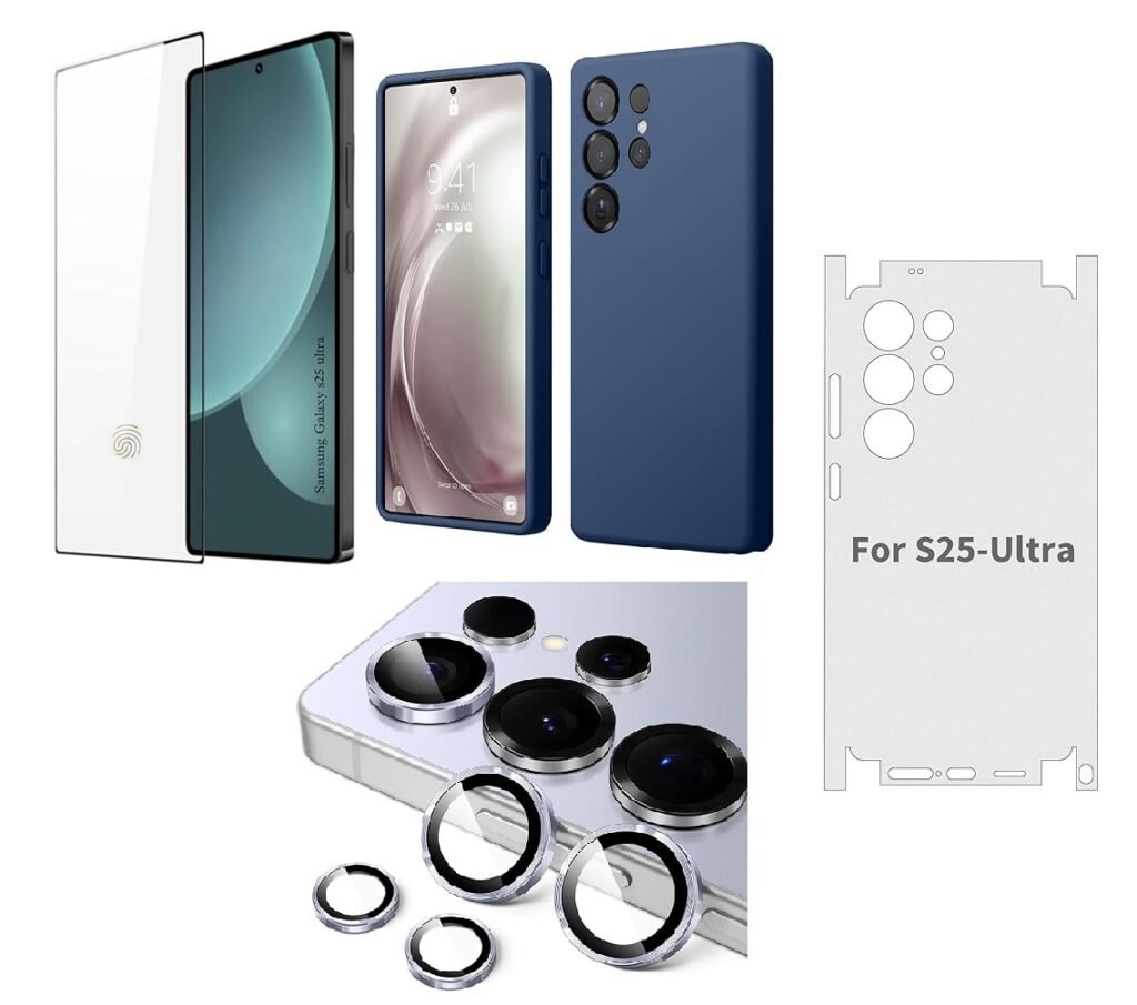 Silicone Soft Back Cover Case for Samsung Galaxy S25 Ultra 5G (Blue)\ Camera Lens Protector\ Membrane Scratch Guard\ Tempered Glass Screen Protector (4 Combo)