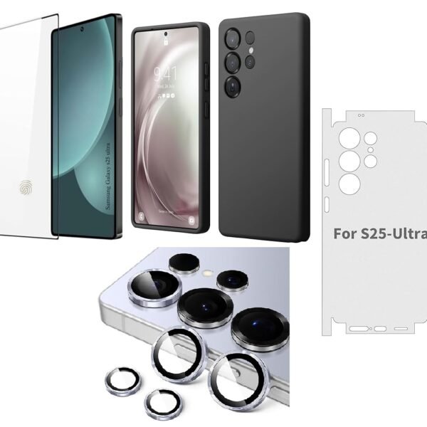 Silicone Soft Back Cover Case for Samsung Galaxy S25 Ultra 5G (Black)\ Camera Lens Protector\ Membrane Scratch Guard\ Tempered Glass Screen Protector (4 Combo) Silicone Soft Back Cover Case for Samsung Galaxy S25 Ultra 5G (Black)\ Camera Lens Protector\ Membrane Scratch Guard\ Tempered Glass Screen Protector (4 Combo)