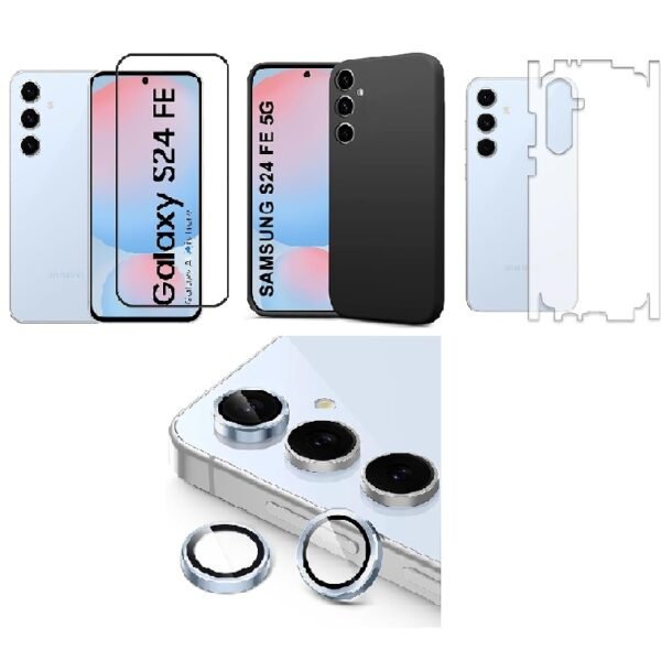 Silicone Soft Back Cover Case for Samsung Galaxy S24 FE 5G (Black)\ Camera Lens Protector\ Membrane Scratch Guard\ Tempered Glass (4 Combo)