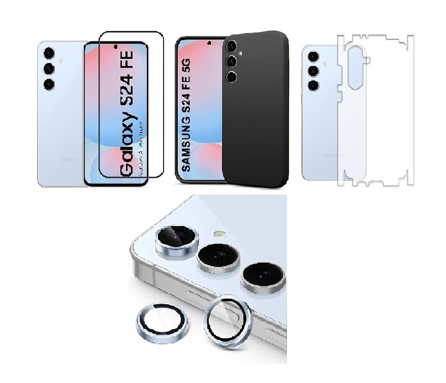 Silicone Soft Back Cover Case for Samsung Galaxy S24 FE 5G (Black)\ Camera Lens Protector\ Membrane Scratch Guard\ Tempered Glass (4 Combo) Silicone Soft Back Cover Case for Samsung Galaxy S24 FE 5G (Black)\ Camera Lens Protector\ Membrane Scratch Guard\ Tempered Glass (4 Combo)