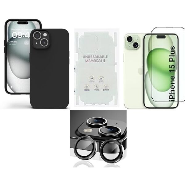 4 in 1 Combo Pack for iPhone 15 Plus black (Back Case + Camera Lens Protector + Tempered Glass + Unbreakable Membrane)