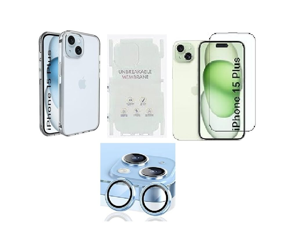4 in 1 Combo Pack for iPhone 15 Plus - Transparent (Back Case + Camera Lens Protector + Tempered Glass + Unbreakable Membrane)