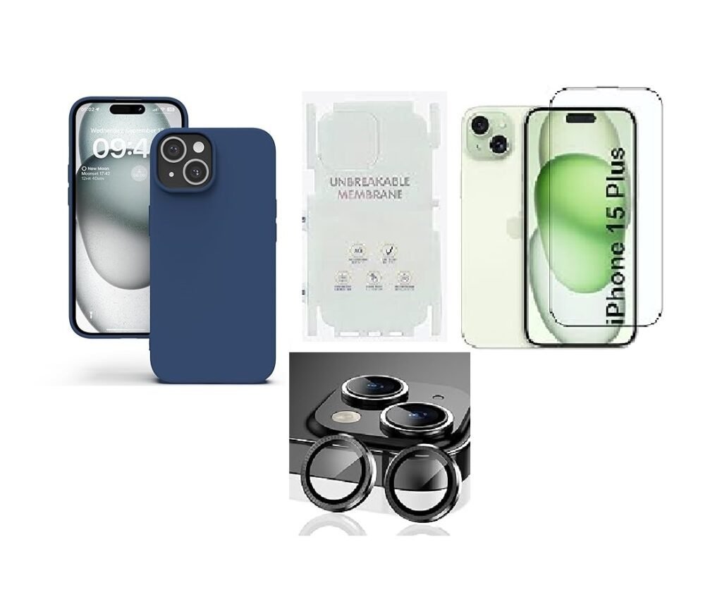 4 in 1 Combo Pack for iPhone 15 Plus - Blue (Back Case + Camera Lens Protector + Tempered Glass + Unbreakable Membrane)