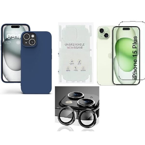 4 in 1 Combo Pack for iPhone 15 Plus blue (Back Case + Camera Lens Protector + Tempered Glass + Unbreakable Membrane)