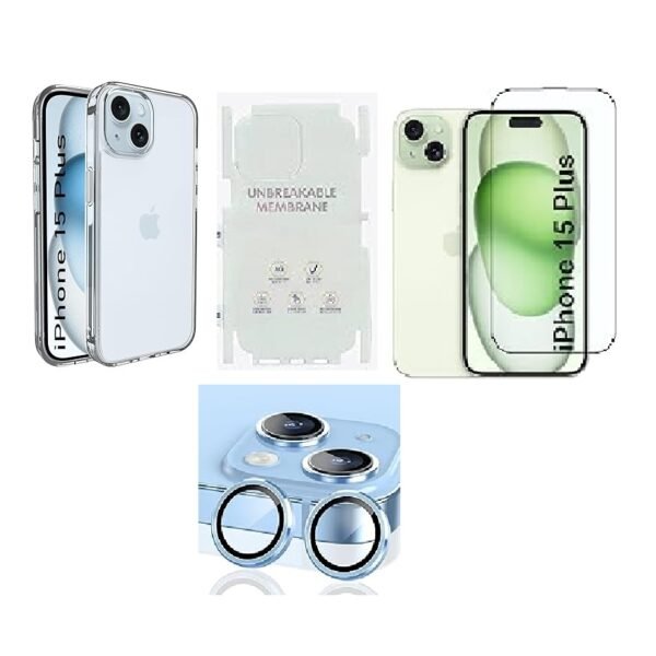 4 in 1 Combo Pack for iPhone 15 Plus Transparent (Back Case + Camera Lens Protector + Tempered Glass + Unbreakable Membrane)