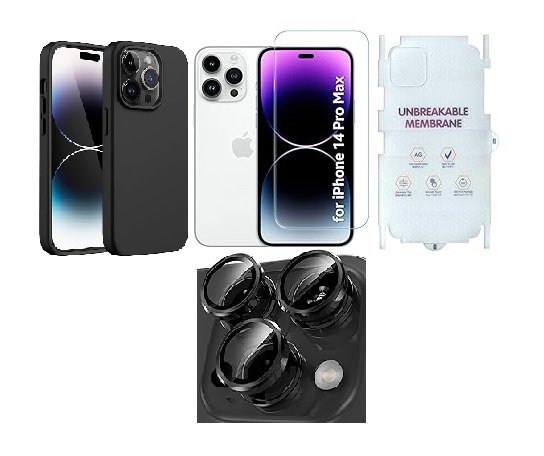 “4 in 1 Combo Pack for iPhone 14 Pro Max – Space Black (Back Case + Camera Lens Protector + Tempered Glass + Unbreakable Membrane)
