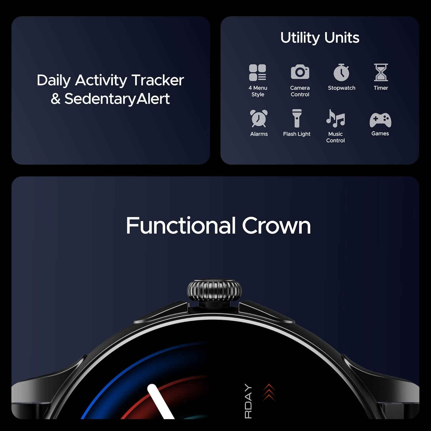 boAt Lunar Oasis w/TBT Navigation, QR Tray, Watch Face Studio, Bluetooth Calling, Emergency SOS 1.43" (3.6 cm) AMOLED Display Fitness Smart Watch for Men & Women(Steel Black) boAt Lunar Oasis w/TBT Navigation, QR Tray, Watch Face Studio, Bluetooth Calling, Emergency SOS 1.43" (3.6 cm) AMOLED Display Fitness Smart Watch for Men & Women(Steel Black)