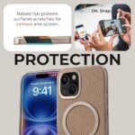 PULOKA Magfit Mobile Back Cover - Compatible with iPhone 15 - Mag-Safe Design - Textured Vegan Leather - Electroplated Sides Bumper Case - Camera Protetection & Raised Edges - Dark Grey