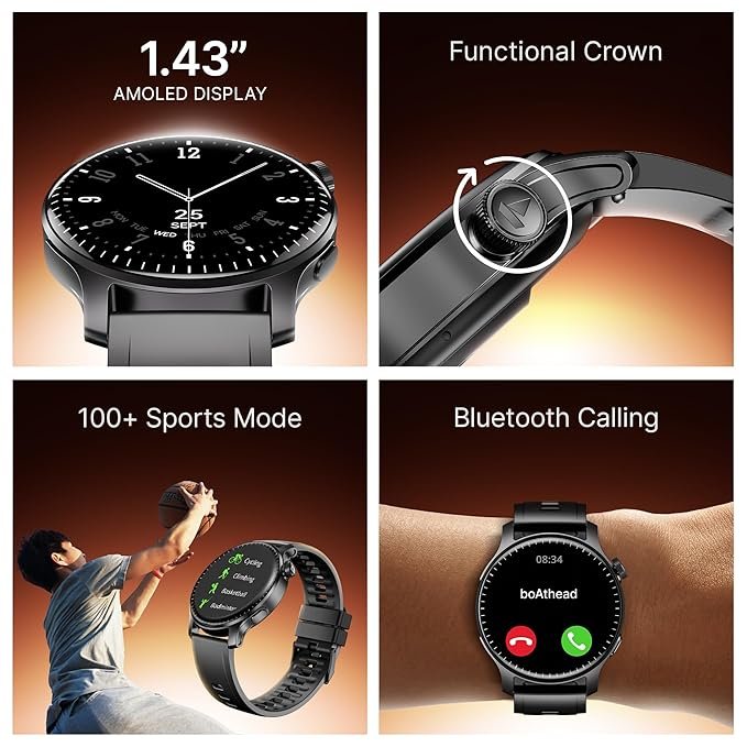 boAt New Launch Ultima Prime smartwatch with 1.43” AMOLED Display, Personalized Fitness Nudges, Functional Crown,100+ Sports Modes, Watch Face Studio (Black) boAt New Launch Ultima Prime smartwatch with 1.43” AMOLED Display, Personalized Fitness Nudges, Functional Crown,100+ Sports Modes, Watch Face Studio (Black)