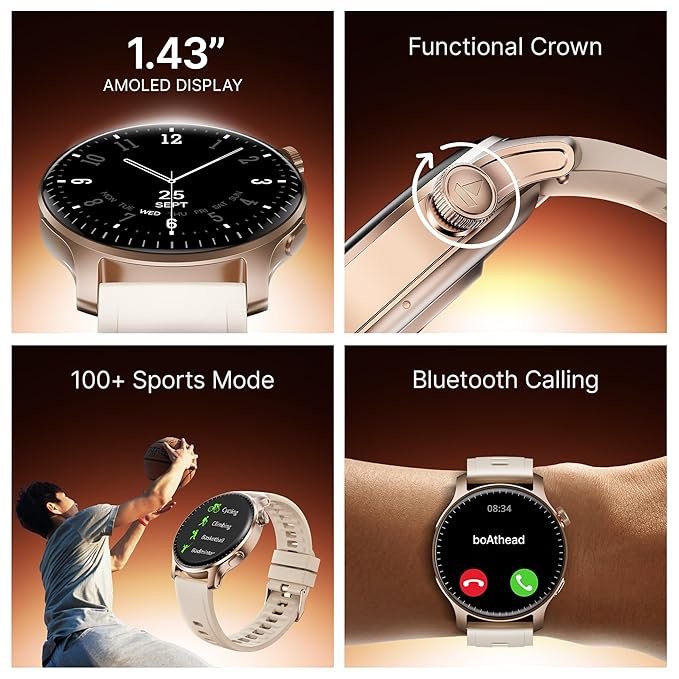 boAt New Launch Ultima Prime smartwatch with 1.43” AMOLED Display, Personalized Fitness Nudges, Functional Crown,100+ Sports Modes, Watch Face Studio (Rose Gold) boAt New Launch Ultima Prime smartwatch with 1.43” AMOLED Display, Personalized Fitness Nudges, Functional Crown,100+ Sports Modes, Watch Face Studio (Rose Gold)