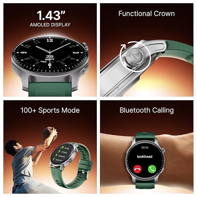 boAt New Launch Ultima Prime smartwatch with 1.43” AMOLED Display, Personalized Fitness Nudges, Functional Crown,100+ Sports Modes, Watch Face Studio (Green) boAt New Launch Ultima Prime smartwatch with 1.43” AMOLED Display, Personalized Fitness Nudges, Functional Crown,100+ Sports Modes, Watch Face Studio (Green)