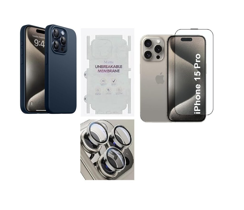 4 in 1 Premium Combo Pack for iPhone 15 Pro Blue Titanium – (Back Case + Camera Lens Protector + Tempered Glass + Unbreakable Membrane) 4 in 1 Premium Combo Pack for iPhone 15 Pro Blue Titanium – (Back Case + Camera Lens Protector + Tempered Glass + Unbreakable Membrane)
